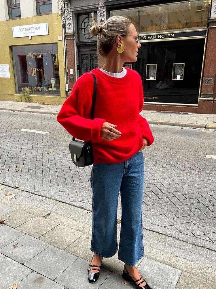 Pull Tricoté Oversize Femme Rouge