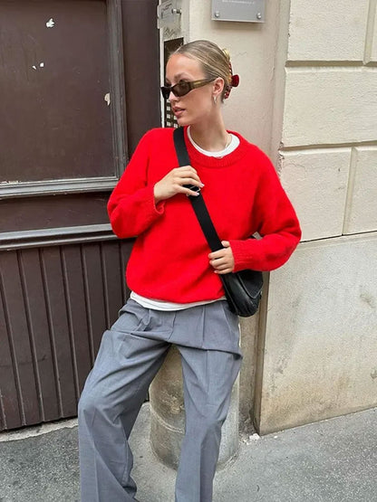 Pull Tricoté Oversize Femme Rouge