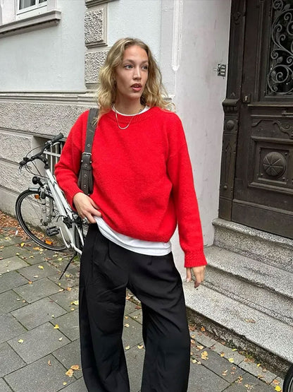 Pull Tricoté Oversize Femme Rouge