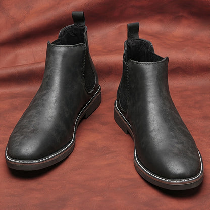 Monamour Mode-Men Boots-Bottes Chelsea Vintage pour Hommes en Cuir Noir avec Lanières Élastiques