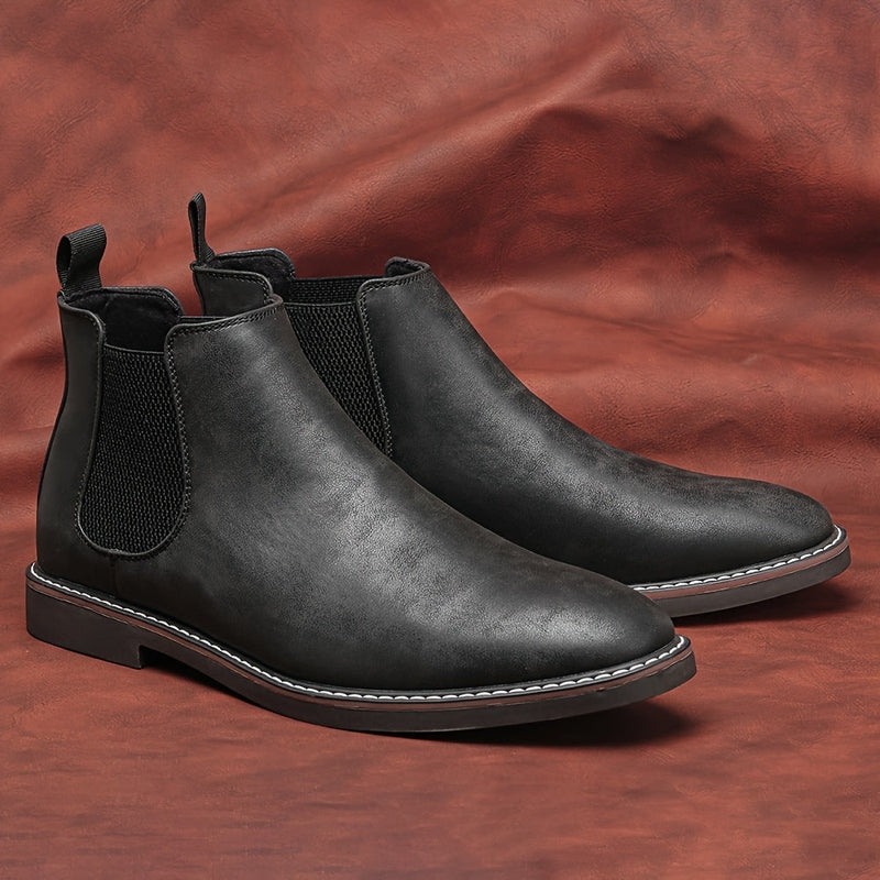 Monamour Mode-Men Boots-Bottes Chelsea Vintage pour Hommes en Cuir Noir avec Lanières Élastiques