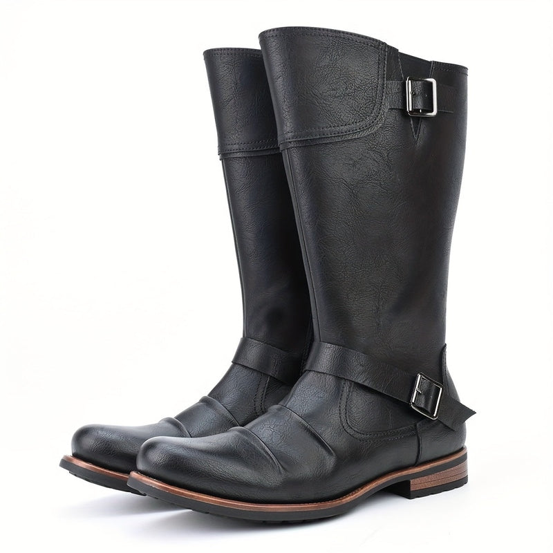 Monamour Mode-Men Boots-Bottes De Moto Hautes En Similicuir Élégantes Avec Lanière À Boucle Et Fermeture Éclair Latérale