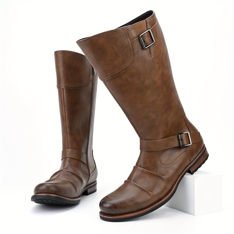 Monamour Mode-Men Boots-Bottes De Moto Hautes En Similicuir Élégantes Avec Lanière À Boucle Et Fermeture Éclair Latérale