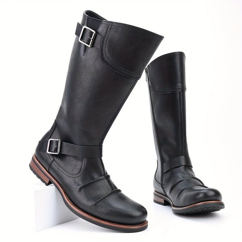 Monamour Mode-Men Boots-Bottes De Moto Hautes En Similicuir Élégantes Avec Lanière À Boucle Et Fermeture Éclair Latérale