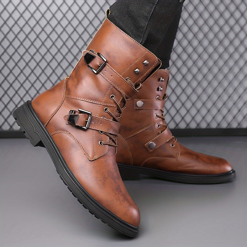 Monamour Mode-Men Boots-Bottes de Moto Vintage en Cuir Synthétique à Lacets pour Hommes