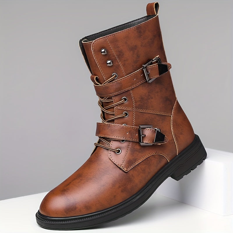 Monamour Mode-Men Boots-Bottes de Moto Vintage en Cuir Synthétique à Lacets pour Hommes