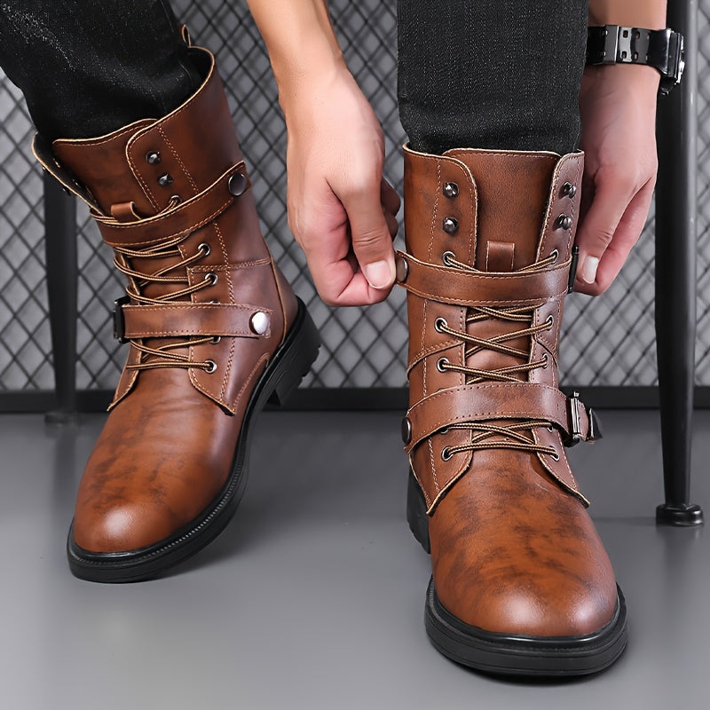 Monamour Mode-Men Boots-Bottes de Moto Vintage en Cuir Synthétique à Lacets pour Hommes