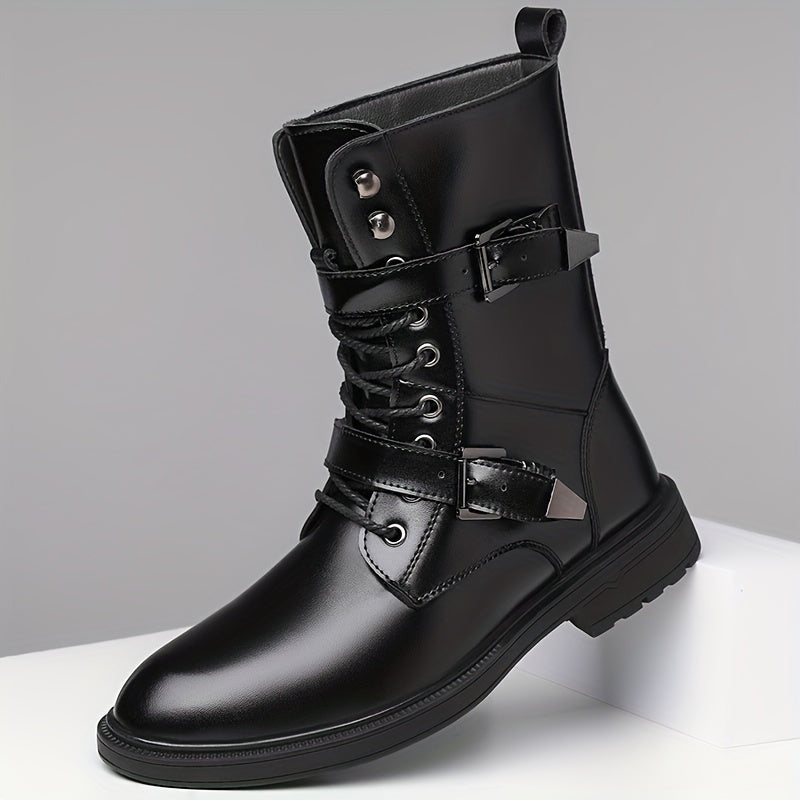 Monamour Mode-Men Boots-Bottes de Moto Vintage en Cuir Synthétique à Lacets pour Hommes