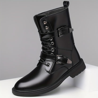 Monamour Mode-Men Boots-Bottes de Moto Vintage en Cuir Synthétique à Lacets pour Hommes