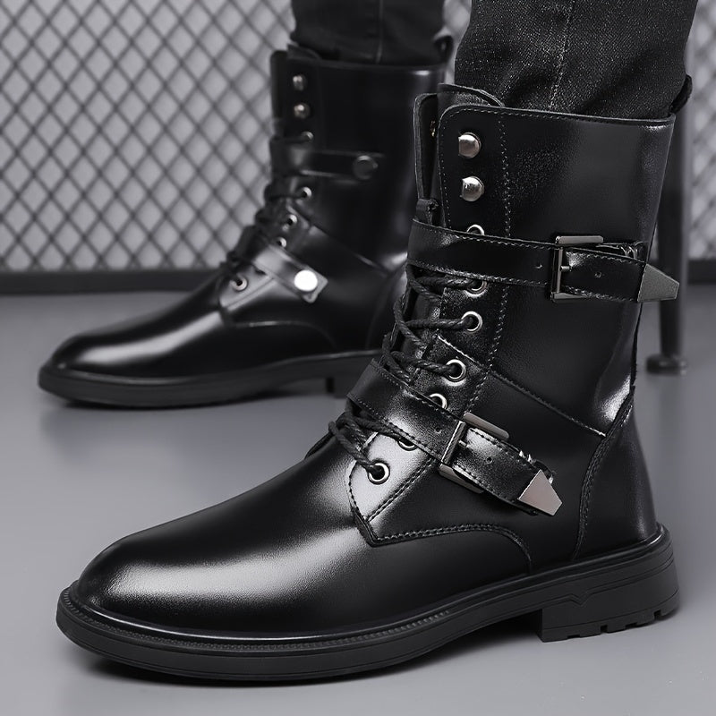 Monamour Mode-Men Boots-Bottes de Moto Vintage en Cuir Synthétique à Lacets pour Hommes