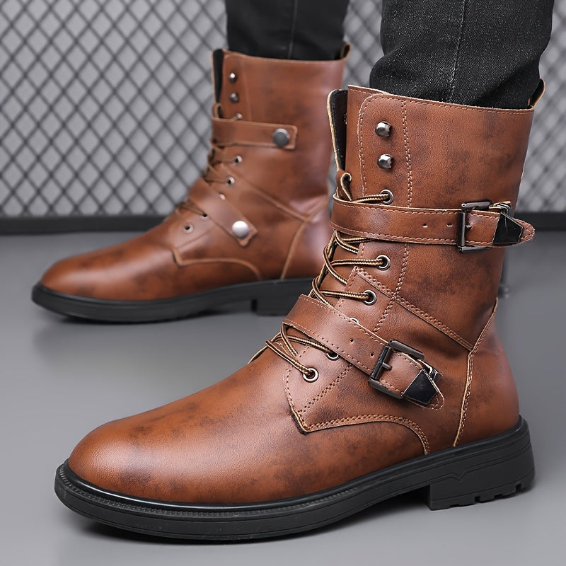 Monamour Mode-Men Boots-Bottes de Moto Vintage en Cuir Synthétique à Lacets pour Hommes