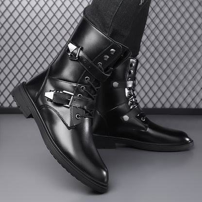 Monamour Mode-Men Boots-Bottes de Moto Vintage en Cuir Synthétique à Lacets pour Hommes