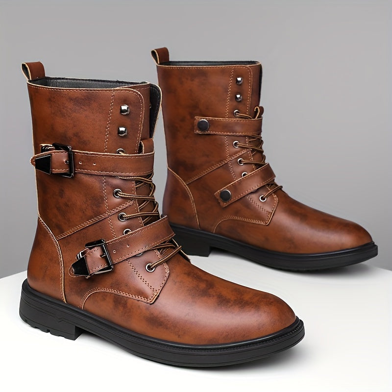 Monamour Mode-Men Boots-Bottes de Moto Vintage en Cuir Synthétique à Lacets pour Hommes