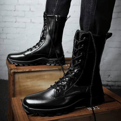 Monamour Mode-Men Boots-Bottes de Moto en Cuir Verni, Antidérapantes et de Couleur Unie pour Hommes