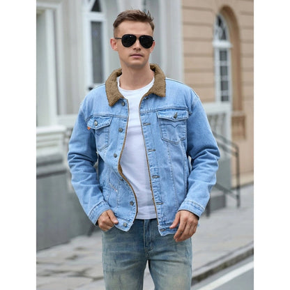 Monamour Mode-Men Jackets-Veste Décontractée En Denim Pour Hommes À Multiples Poches Avec Doublure En Sherpa