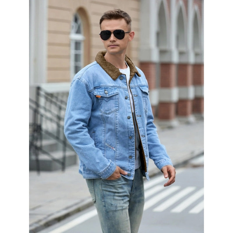 Monamour Mode-Men Jackets-Veste Décontractée En Denim Pour Hommes À Multiples Poches Avec Doublure En Sherpa