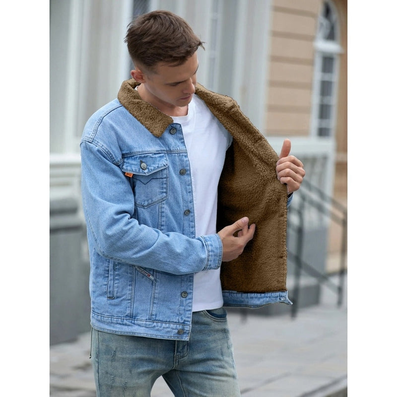 Monamour Mode-Men Jackets-Veste Décontractée En Denim Pour Hommes À Multiples Poches Avec Doublure En Sherpa