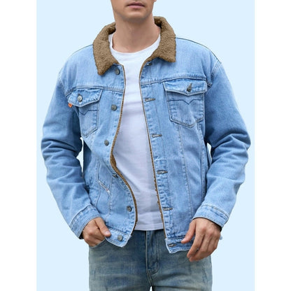 Monamour Mode-Men Jackets-Veste Décontractée En Denim Pour Hommes À Multiples Poches Avec Doublure En Sherpa