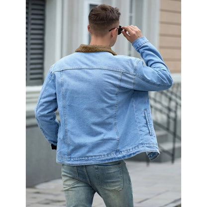 Monamour Mode-Men Jackets-Veste Décontractée En Denim Pour Hommes À Multiples Poches Avec Doublure En Sherpa