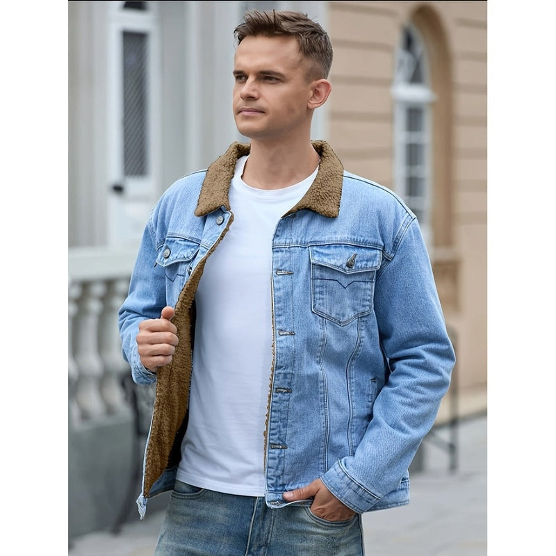 Monamour Mode-Men Jackets-Veste Décontractée En Denim Pour Hommes À Multiples Poches Avec Doublure En Sherpa