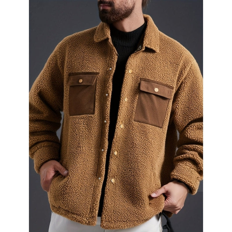 Monamour Mode-Men Jackets-Veste Décontractée En Teddy Sherpa Avec Col Réversible Et Design En Bloc De Couleurs