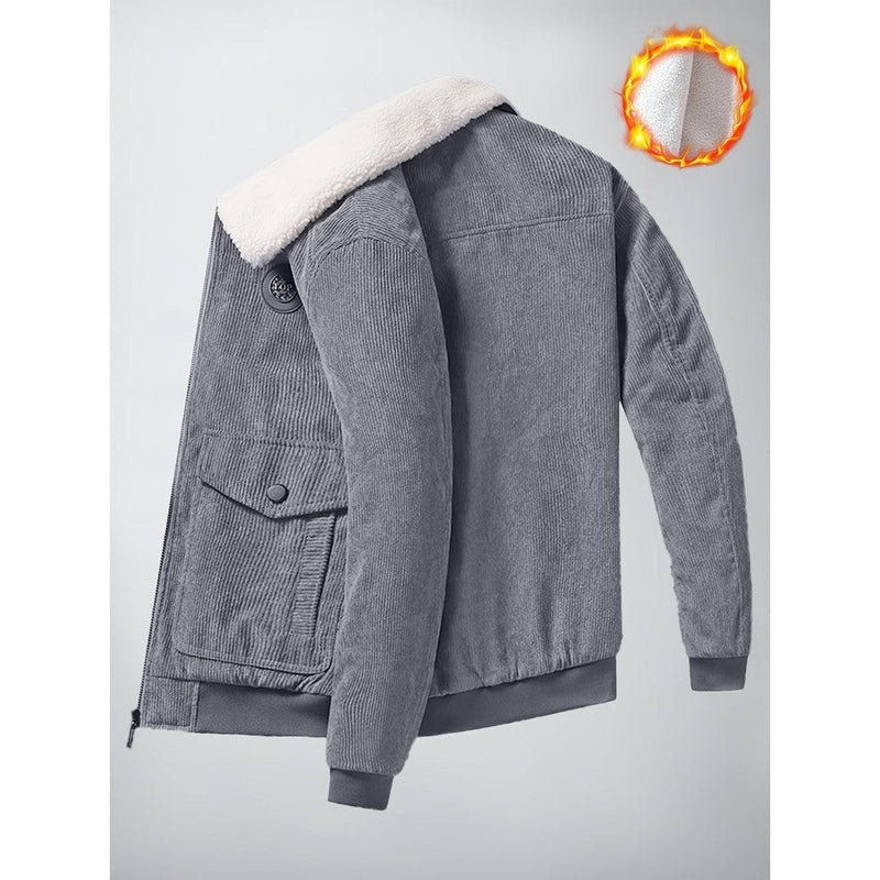 Monamour Mode-Men Jackets-Veste Décontractée Grise En Côtelé Doublée En Sherpa Avec Fermeture Éclair Et Poches