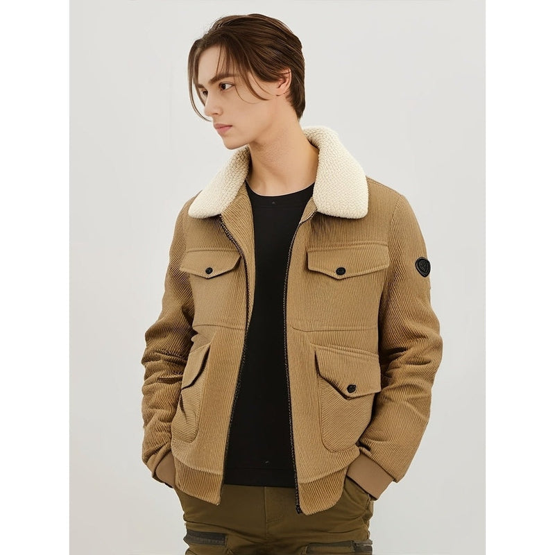 Monamour Mode-Men Jackets-Veste Décontractée Style Rétro En Velours Côtelé Pour Hommes Avec Doublure En Sherpa