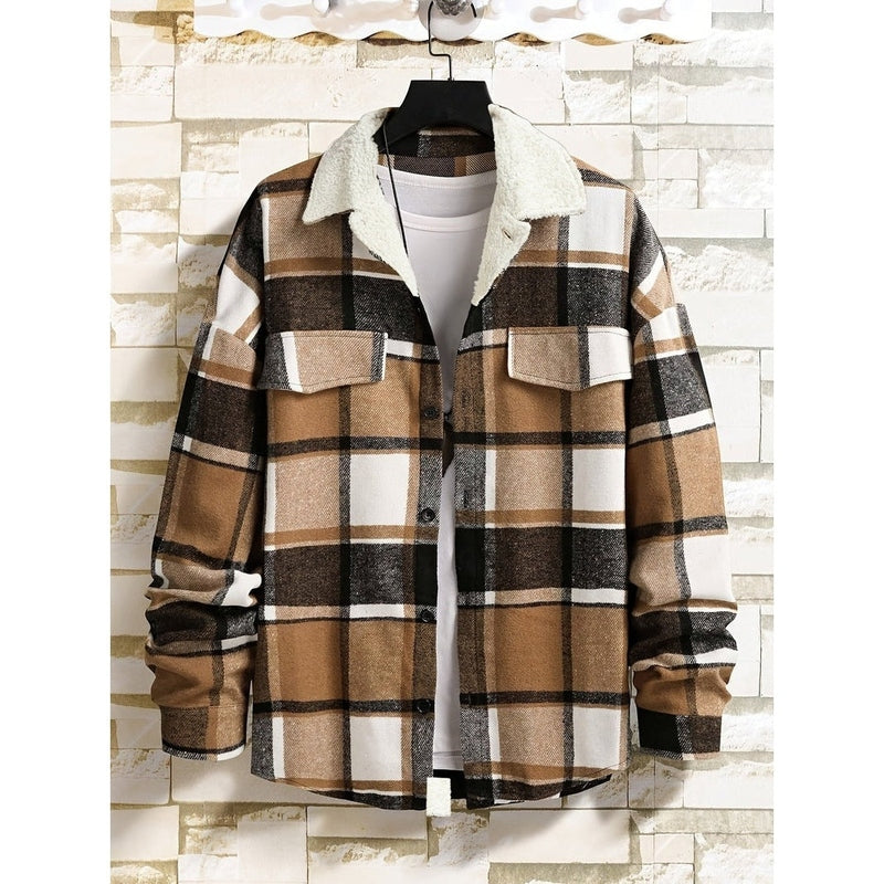 Monamour Mode-Men Jackets-Veste En Flanelle À Doublure En Sherpa Avec Deux Poches Tendance Pour L'automne Et L'hiver