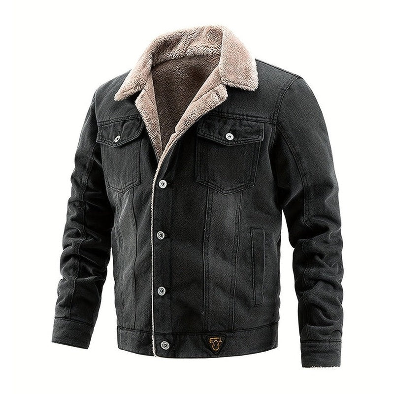 Monamour Mode-Men Jackets-Veste En Jean De Style Vintage Pour Hommes Avec Col Contrasté Et Doublure En Sherpa