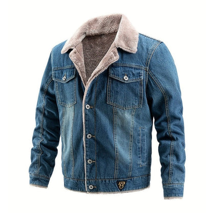 Monamour Mode-Men Jackets-Veste En Jean De Style Vintage Pour Hommes Avec Col Contrasté Et Doublure En Sherpa