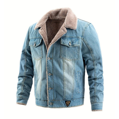 Monamour Mode-Men Jackets-Veste En Jean De Style Vintage Pour Hommes Avec Col Contrasté Et Doublure En Sherpa