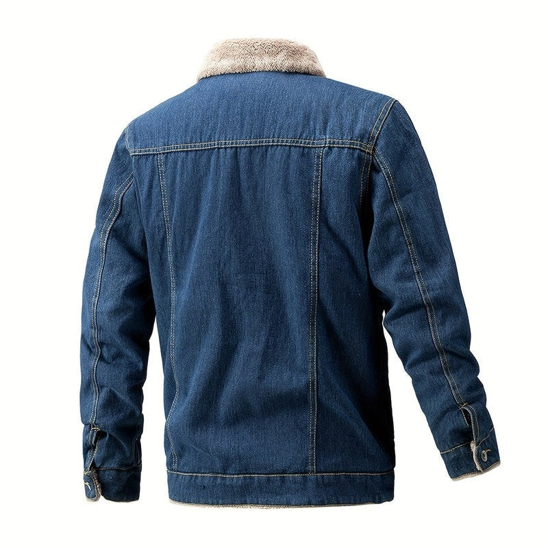 Monamour Mode-Men Jackets-Veste En Jean De Style Vintage Pour Hommes Avec Col Contrasté Et Doublure En Sherpa