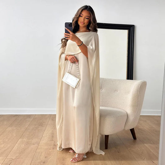 Monamour Mode-Women Dress-Robe Longue En Satin Élégante Avec Cape Pour Les Occasions Spéciales