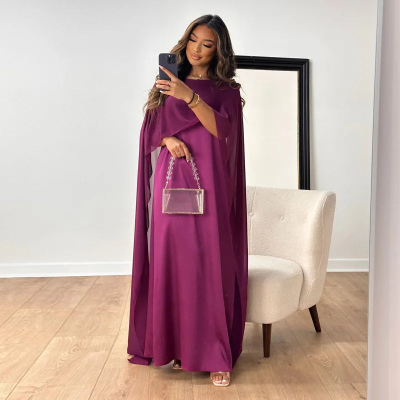 Monamour Mode-Women Dress-Robe Longue En Satin Élégante Avec Cape Pour Les Occasions Spéciales