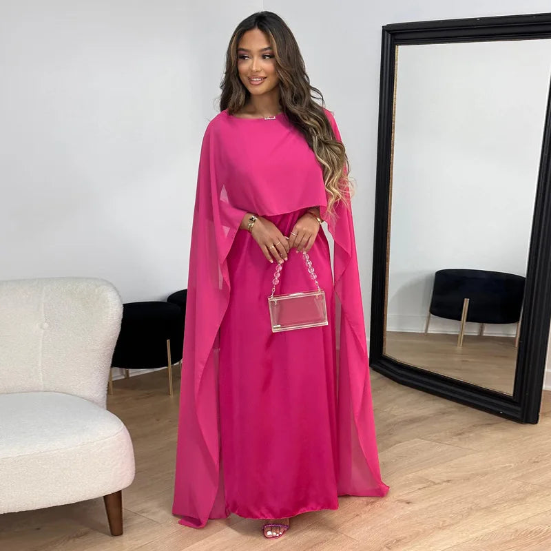 Monamour Mode-Women Dress-Robe Longue En Satin Élégante Avec Cape Pour Les Occasions Spéciales