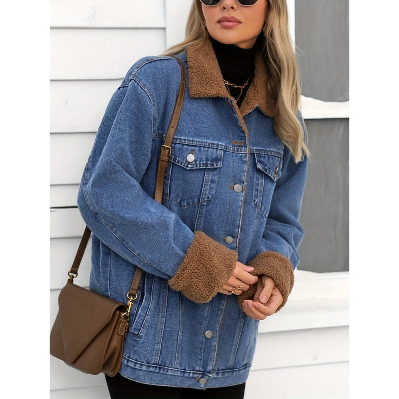 Monamour Mode-Women Jacket-Veste Décontractée En Denim Style Rider À Boutons Avec Doublure En Sherpa Pour Femmes