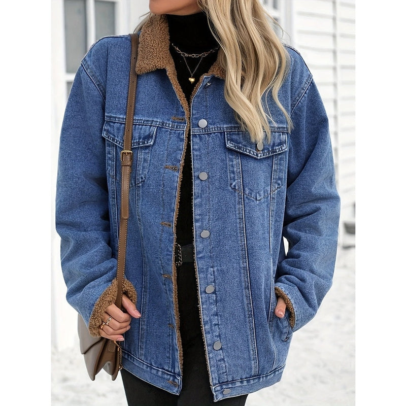 Monamour Mode-Women Jacket-Veste Décontractée En Denim Style Rider À Boutons Avec Doublure En Sherpa Pour Femmes