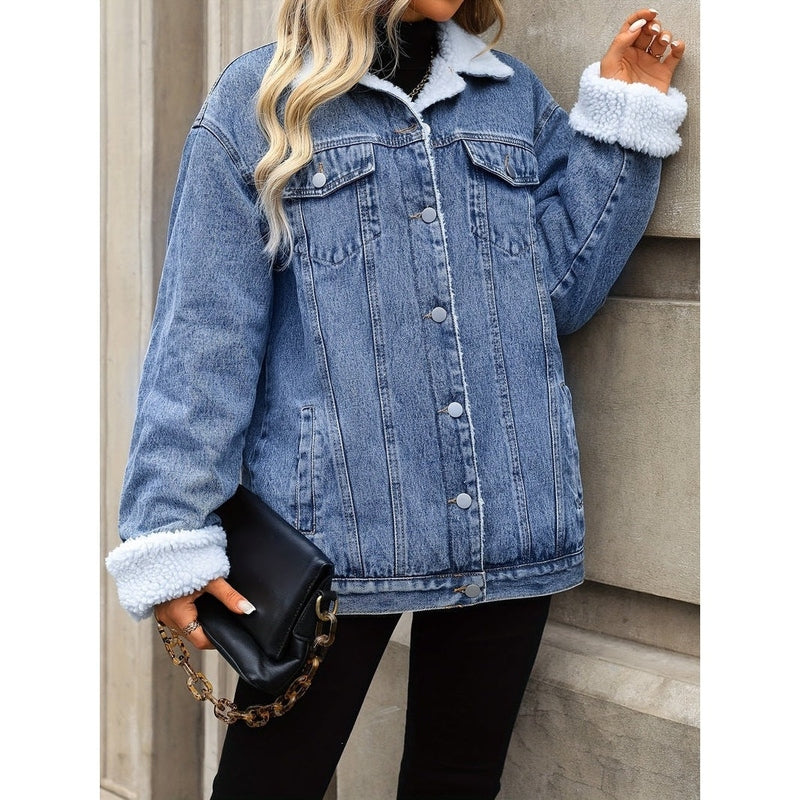 Monamour Mode-Women Jacket-Veste Décontractée En Denim Style Rider À Boutons Avec Doublure En Sherpa Pour Femmes