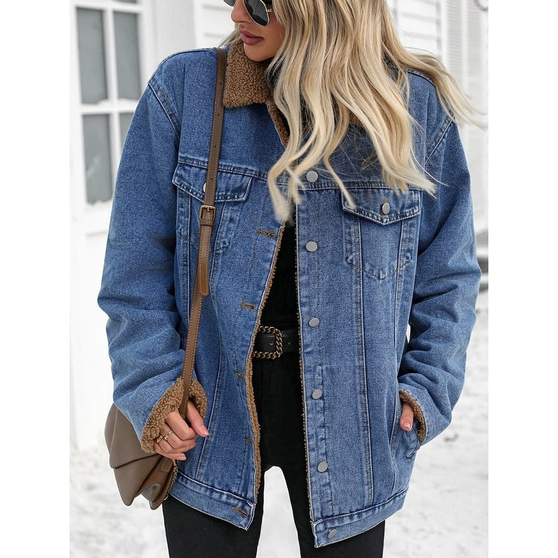 Monamour Mode-Women Jacket-Veste Décontractée En Denim Style Rider À Boutons Avec Doublure En Sherpa Pour Femmes