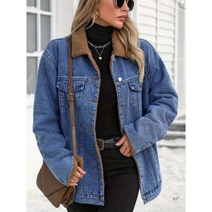 Monamour Mode-Women Jacket-Veste Décontractée En Denim Style Rider À Boutons Avec Doublure En Sherpa Pour Femmes