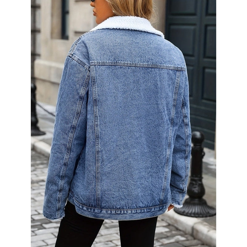 Monamour Mode-Women Jacket-Veste Décontractée En Denim Style Rider À Boutons Avec Doublure En Sherpa Pour Femmes