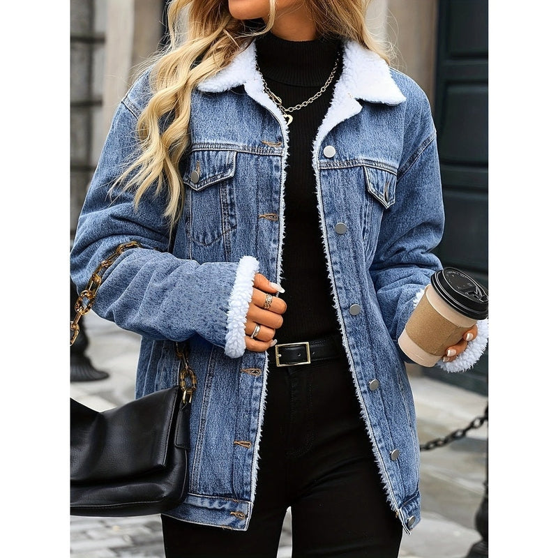 Monamour Mode-Women Jacket-Veste Décontractée En Denim Style Rider À Boutons Avec Doublure En Sherpa Pour Femmes