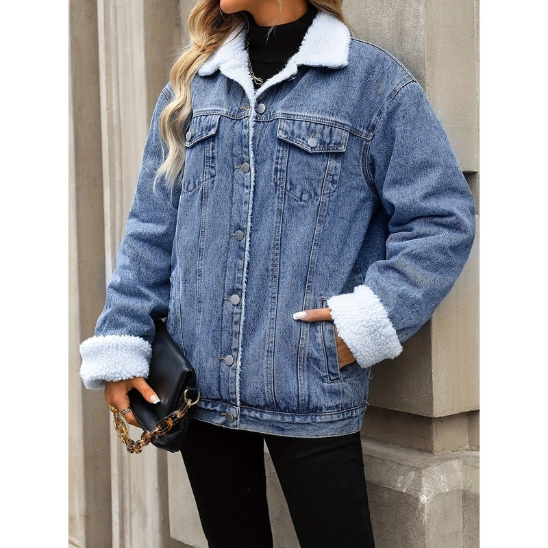 Monamour Mode-Women Jacket-Veste Décontractée En Denim Style Rider À Boutons Avec Doublure En Sherpa Pour Femmes