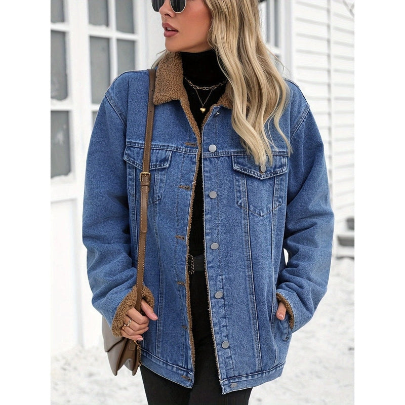 Monamour Mode-Women Jacket-Veste Décontractée En Denim Style Rider À Boutons Avec Doublure En Sherpa Pour Femmes