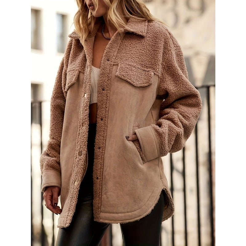 Monamour Mode-Women Jacket-Veste Longue Stylée Pour Femmes En Polaire Avec Boutons Et Poches