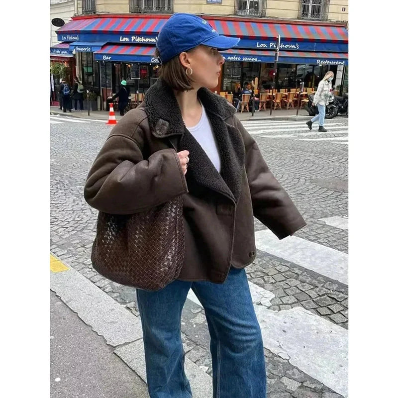 Monamour Mode-Women Jacket-Veste Marron Oversize avec Doublure en Teddy et Poches Latérales